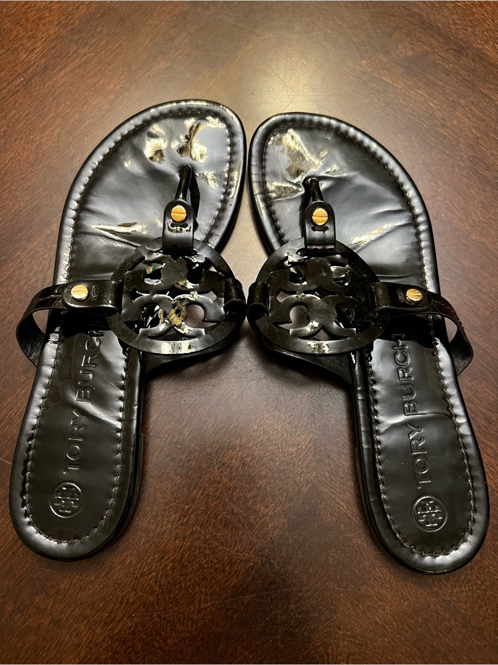 Tory Burch Black Patent Miller Logo Thong Sandals